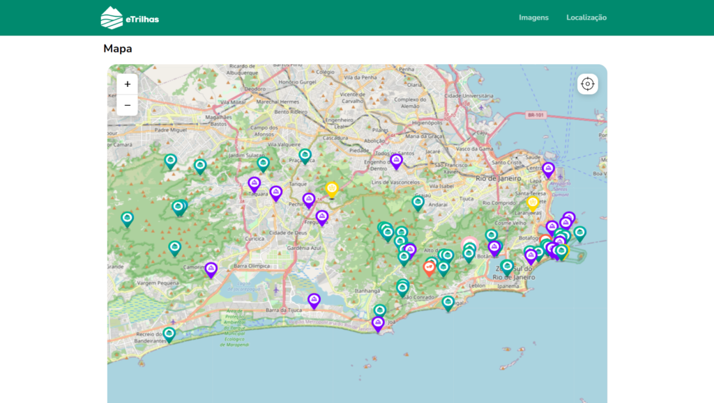 Mapa da página de cidade exibindo (em roxo) a localização dos empreendimentos na Plataforma eTrilhas