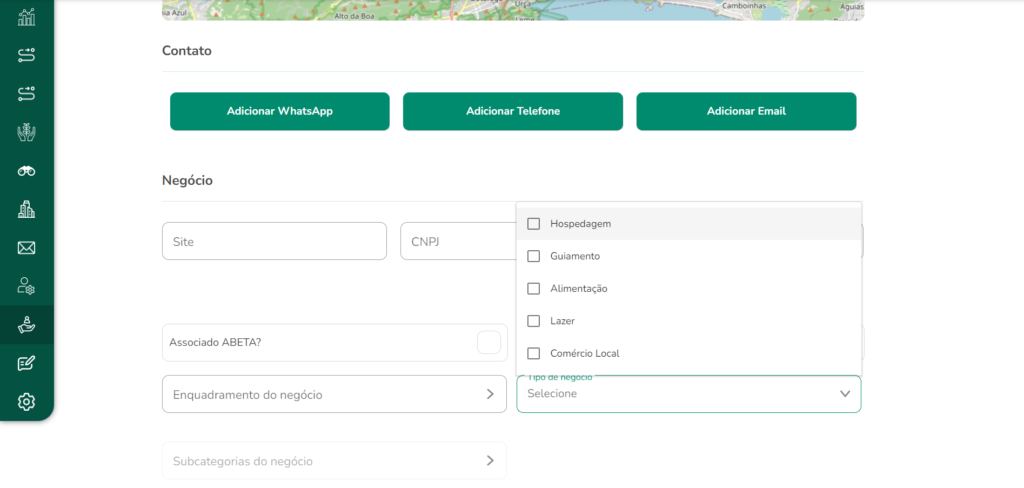 Página de cadastro de serviços dentro da Plataforma eTrilhas